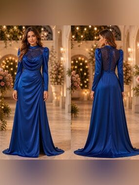 Midnight Blue Satin Long-Sleeve Evening Gown with Lace Bodice